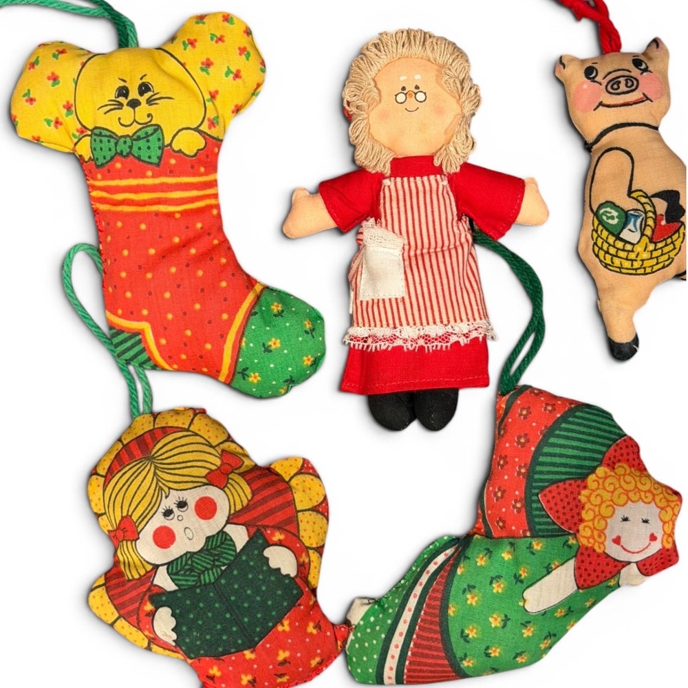 Lot of 5 Vintage 1980s Calico Fabric Christmas Ornaments Mrs Claus Mouse Pig Set